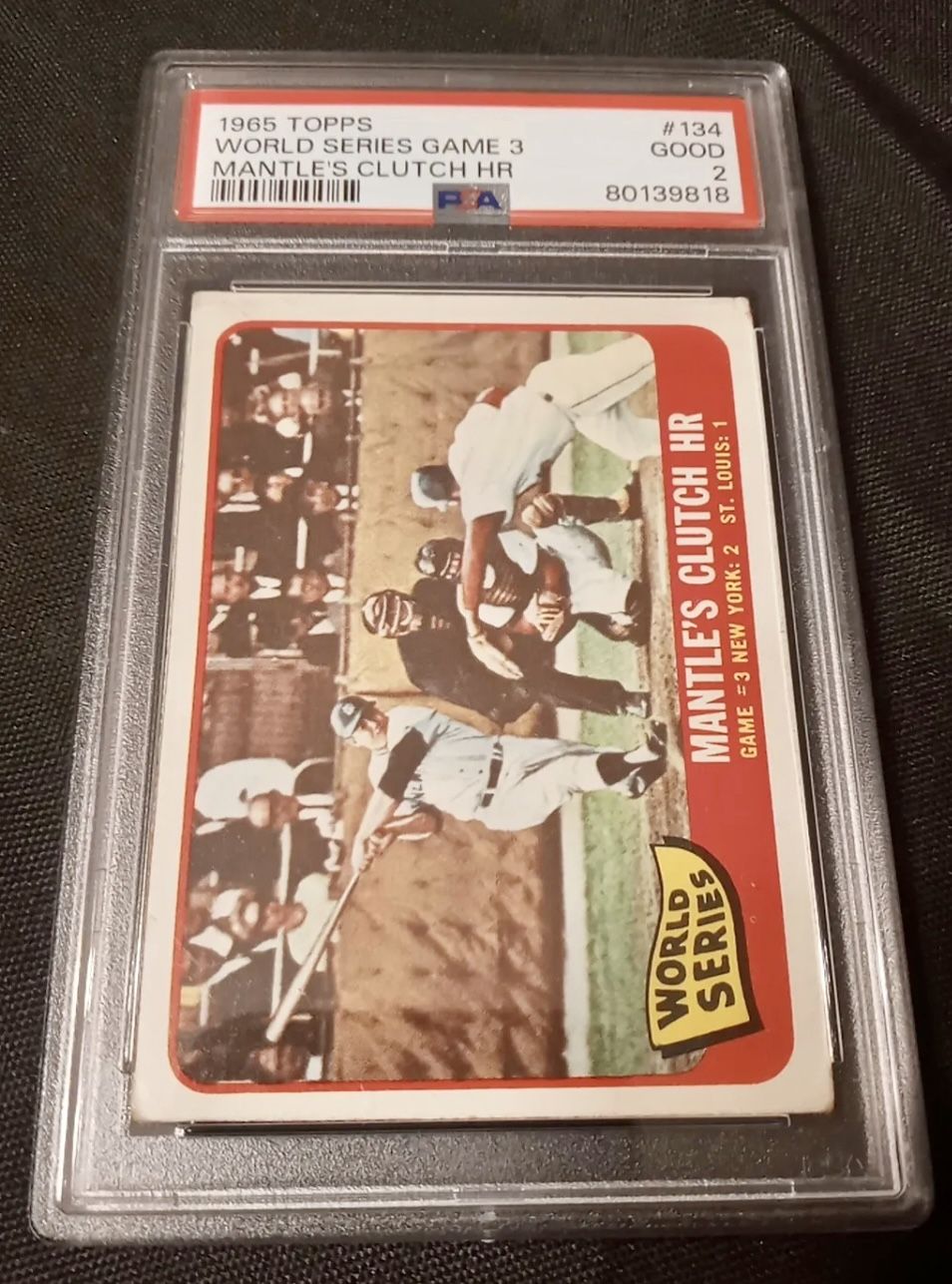 1965 TOPPS MICKEY MANTLE CLUTCH HOMER WORLD SERIES GAME 3 #134 PSA 2