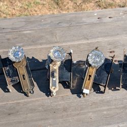 Set of 5 Antique Glass Doorknob Sets w/ Brass Backplates & Mortise Locks Vintage
