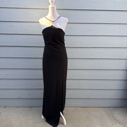 Elegant Black Rhinestone Strap Gown Formal Maxi Dress Slit