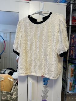 Cream Textured Blouse with Black Trim