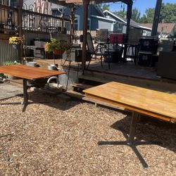 Vintage Wooden Tables w/Heavy Metal single pole Bases, both 30 hi, one 36by60, one 36by48, $75 each