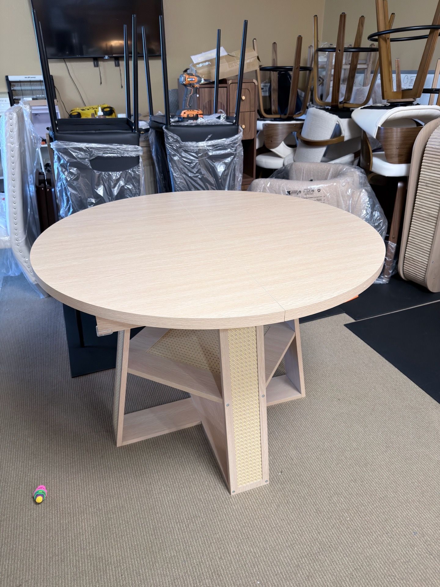 Extendable Oval Wood Dining Table with Rattan Base and Storage Shelf