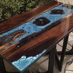 Black Walnut Custom 30"x60"  Dining Table Epoxy River In Ocean Blue