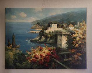 Original Seaside Oceanside Mediterranean Landscape Acrylic Painting On Canvas 3 Ft X 4 Ft Unframed Unsigned