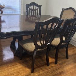 Traditional Double Pedestal Dining Table Set – 8 Chairs + Leaf (Dark Wood)