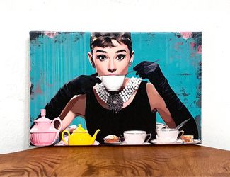 Audrey Hepburn Drinking Coffee Wall Art Canvas ☕️Like New☕️ Please Read Description ☕️