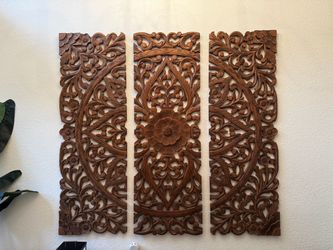Carved Wood  Wall Art 3 Panel Set