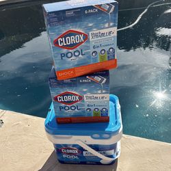 Package Deal  25 Pound Clorox Xtra BLUE Chlorine Pool 3 Inch Tablets Sealed Plus ( 2 ) 6 Packs Clorox Xtra BLUE 6-1 Clarifier Shock Sealed