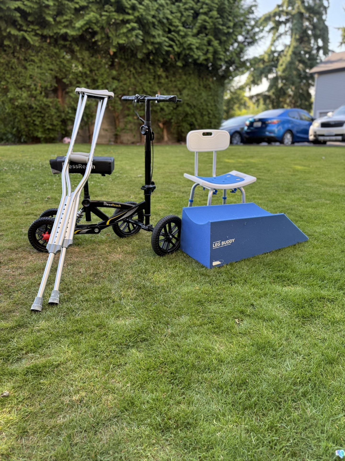 Leg Scooter, Crutches, Shower Chair, Pillow 