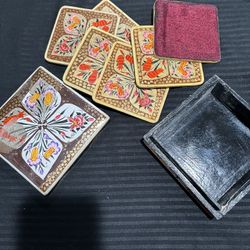 Vintage wood and velvet hand painted coasters 6 coasters in box