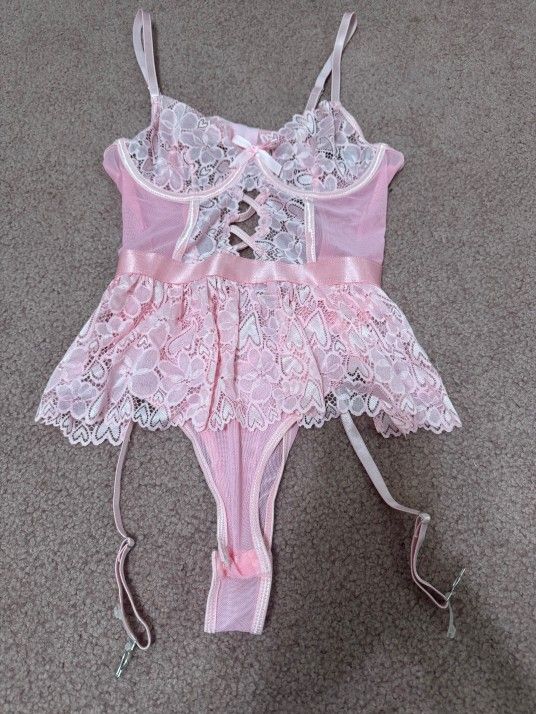 New Small Pink Heart Lingerie Bodysuit Lace
