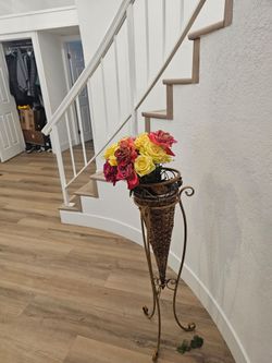 Tall Wicker & Metal Floor Vase Stand with Floral Arrangement – Rustic
