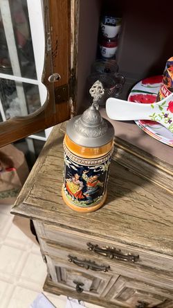 German Ceramic Beer Stein with Pewter Lid