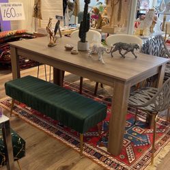 Oak Wood Dining Table Set With Emerald Green Bench