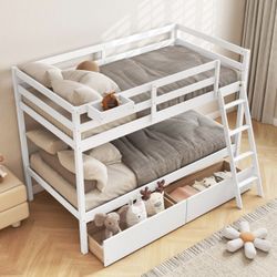KOTEK Bunk Bed Twin Over Twin with 2 Storage Drawers, Solid Wood Bunk Bed Frame with Storage Cube, Guardrails, Ladder, No Box Spring Needed, Twin Bunk