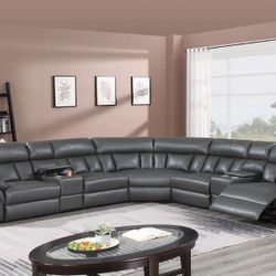Brand New Reclining Grey Leather Sectional Set 