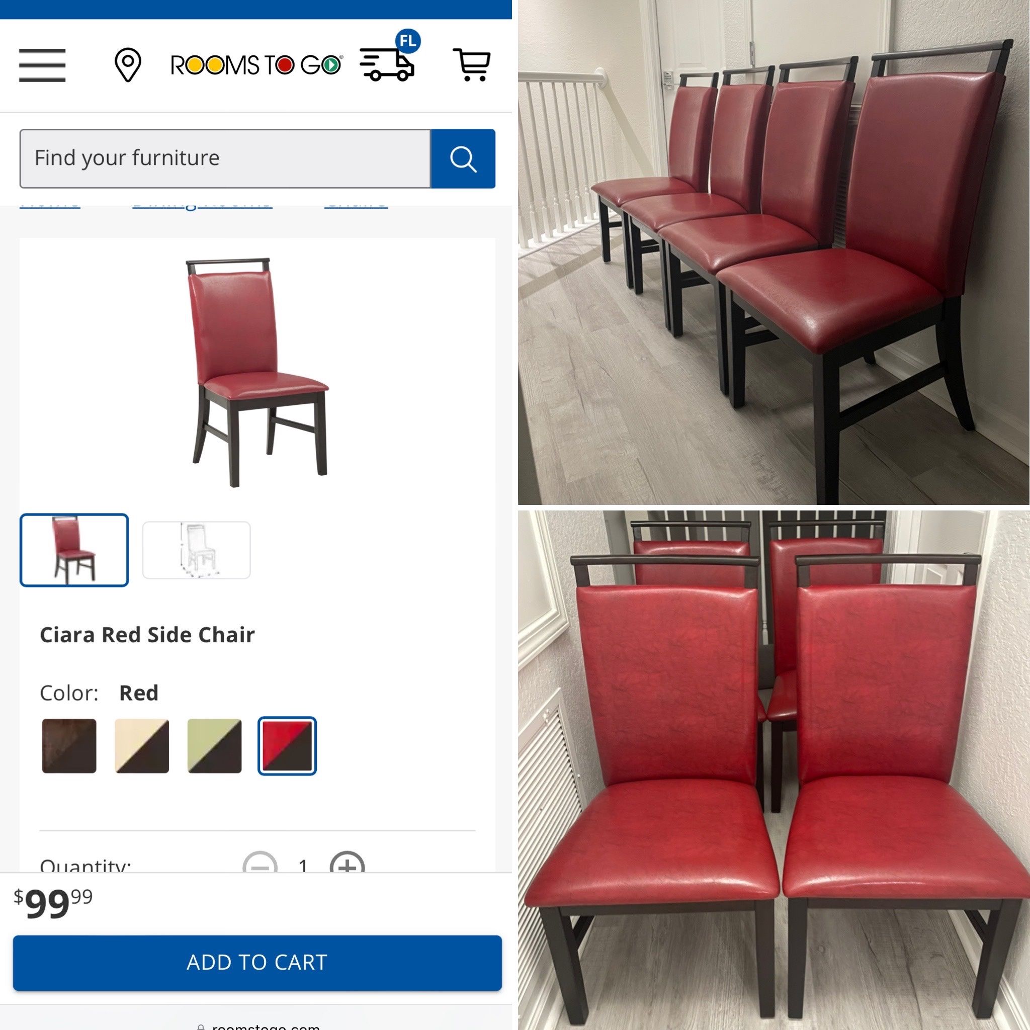 Set of 4 Red Leather Rooms To Go Dining Room Side Chairs w