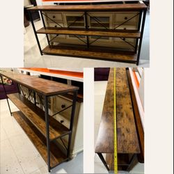 Industrial-Style Wood And Metal Three Tier Shelf Console Table 