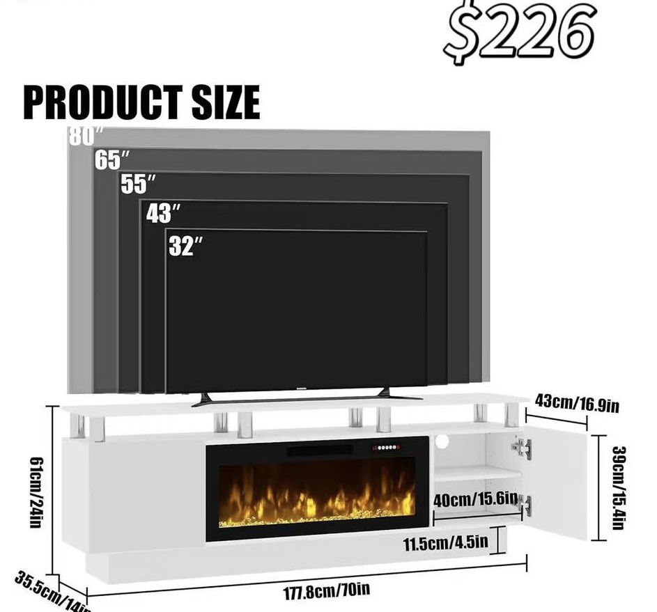 😀 70" Modern Fireplace TV Stand with 36" Electric Fireplace for TVs Up to 80 inch, Entertainment Center with High Gloss Cabinet, TV Consoles 