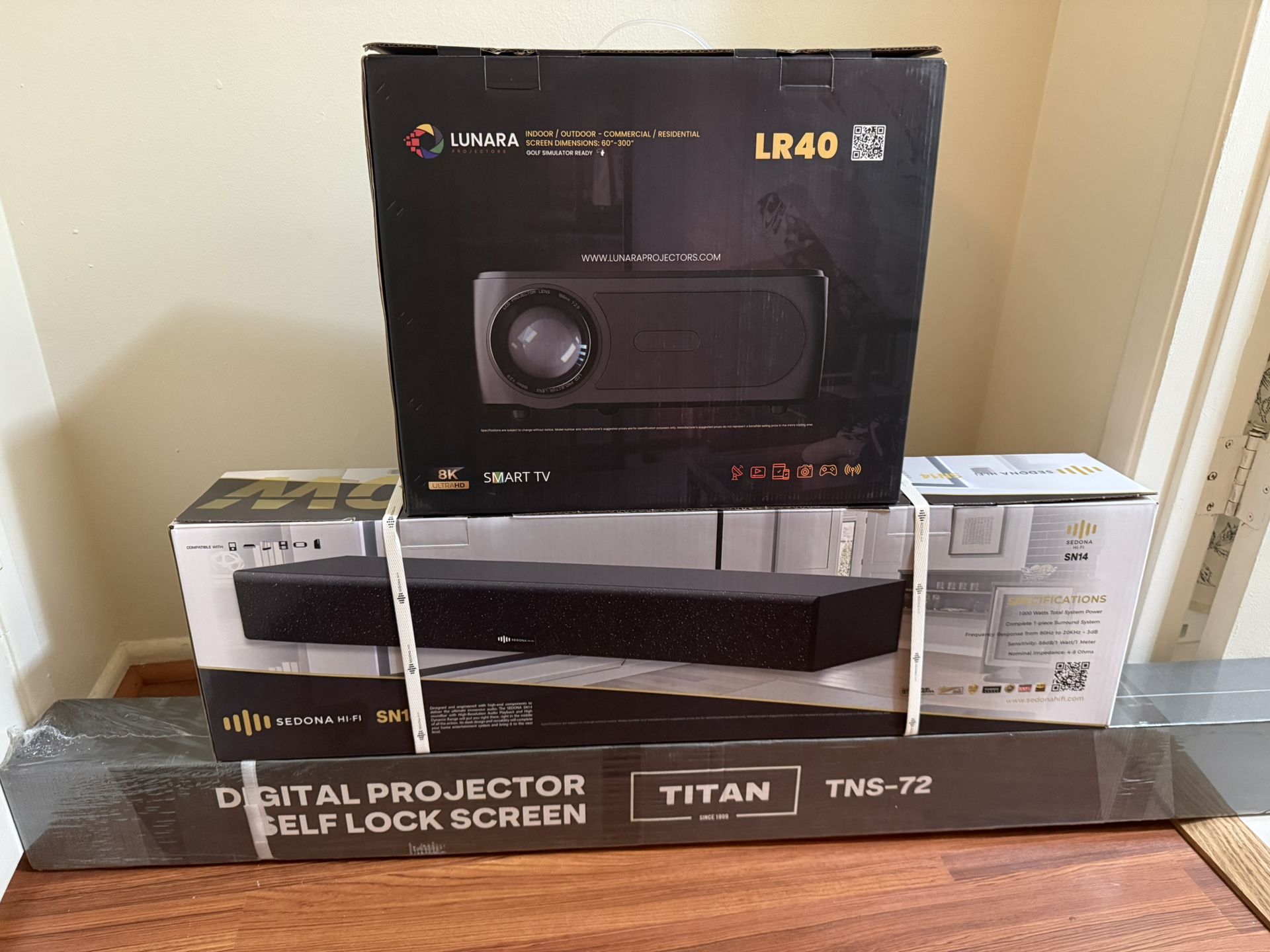 Brand New Home Theatre Bundle Projector, Soundbar, & Projector Screen