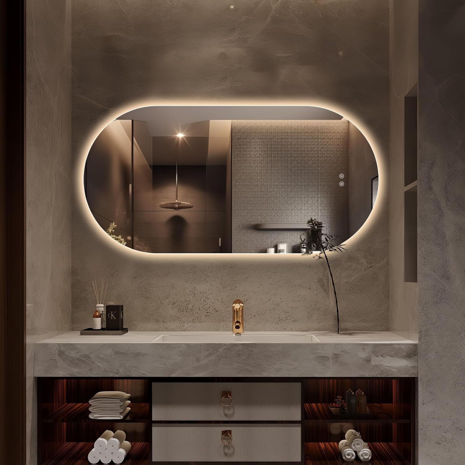 Oval Led Mirror for Bathroom 48"x24", Frameless Vanity Mirror with Lights, Modern Lighted Bathroom Mirror Wall Mounted, Anti Fog Smart Mirror with 3 C