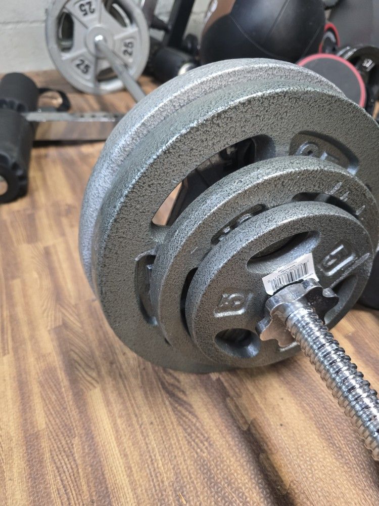 Complete Set Standard 1 inch Grip Plates, 380 lbs Barbell, 2 dumbbell handles & plate holder.