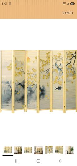 MyGift 6 Panel Large Bamboo Room Divider with Dual Sided Asian Birds Gingko Biloba Tree Sunset Design Print, 6FT Freestanding Artwork Privacy Partitio