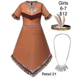 Native American Indian  Girls Dress Costume 6-7 Thanksgiving/ Vestido Nativa Americana Niña