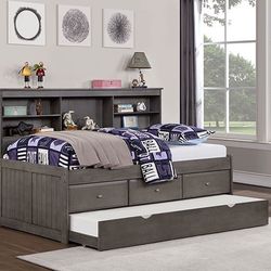DARK GRAY TWIN / FULL-SIZE DAYBED-CAPTAIN'S STYLE BED BOOKCASE DRAWERS-TRUNDLE-CAMA MATRIMONIAL-SENCILLA