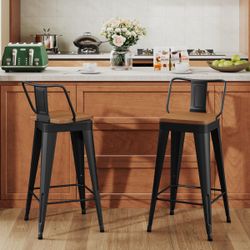 4 Black Industrial Bar Stools Wood Seat