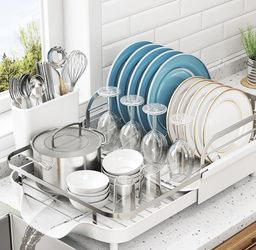 SNTD Dish Drying Rack, Expandable Dish Rack for Kitchen Counter, Stainless Steel Dish Drainer with Drainboard Set and Utensil Holder (White)