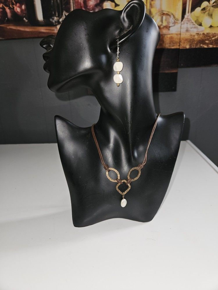 Vintage Leather and Pearl Necklace and Earring Set