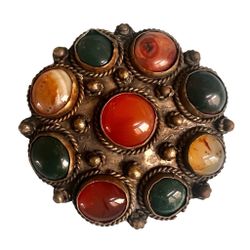 Vintage Tribal Round Cabochon Brooch/Pendant – Carnelian & Agate, Ethnic Design