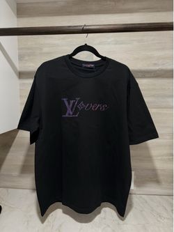 Louis Vuitton black t-shirt with purple LV logo and 'Lovers' text