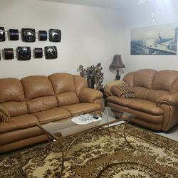 Leather Caramel Beige Sofa & Love Seat 2 Pc Set