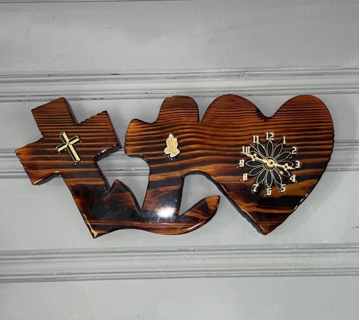 Solid wood religious Cross Anchor and heart wall clock   Excellent clean condition   Smoke free  Hand carved, great gift, religious, laquer finish, co