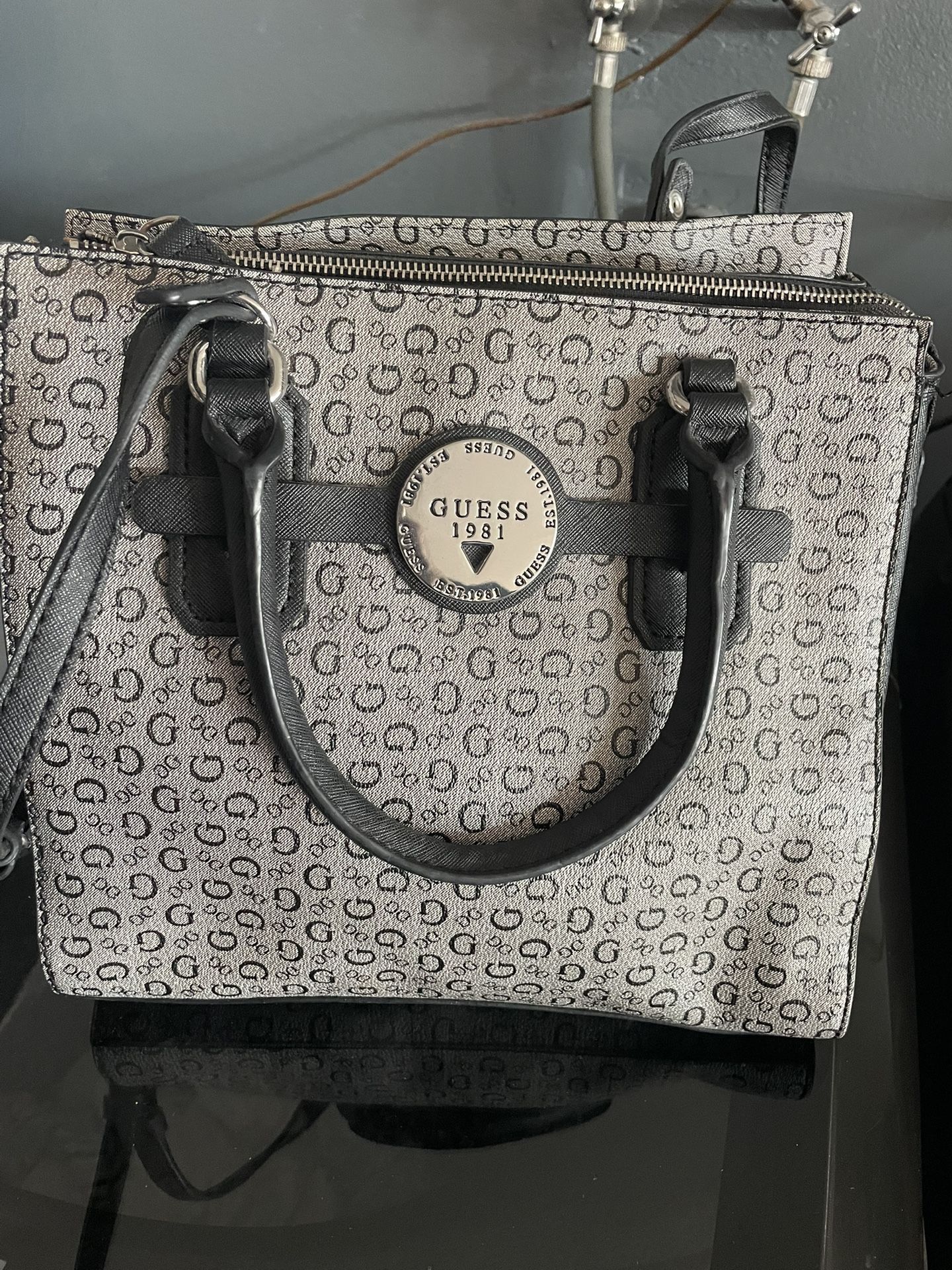 GUESS Logo Gray/Black PVC Satchel Handbag with Crossbody Strap