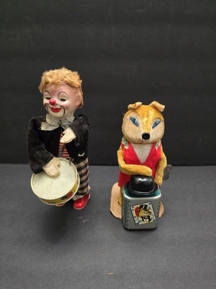 Vintage Windup Tin Litho Clown And Fox Toys - Japan Made