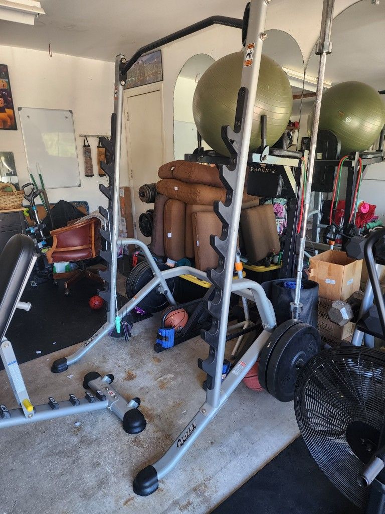 Weight Rack And Pull Up Bar, Bench, and Adjustable Dumbbells