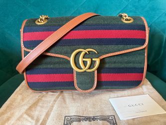 Authentic GUCCI GG Marmont Web Matelassé Small Shoulder Bag – Red / Blue / Harness Brown