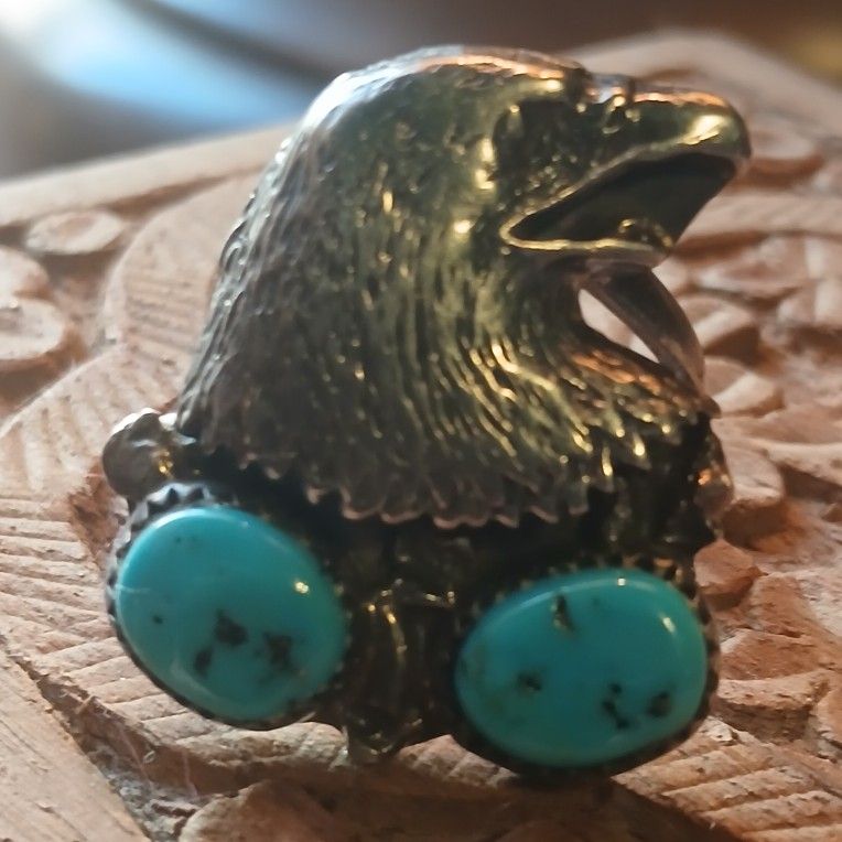 Men' Vintage Eagle Head Sterling Silver Turquoise RING $100 (Washington Park Denver)