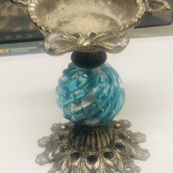 Antique Victorian Gilt Metal Swirling Blue Crystal Glass Personal Jewelry  Holder Beautiful And Rare 