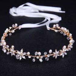 Adjustable Gold Floral Crystal And Pearl Bridal Wreath Crown Hair Piece