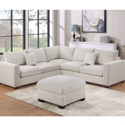 Brand New Ivory Corduroy L Shape Sectional With Free Ottoman