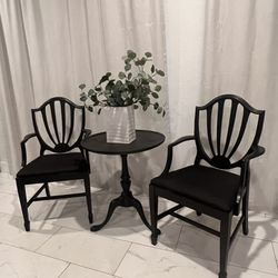2 Black Armchairs / Side Chairs And Small Table