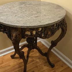 Vintage Matble Top Round Table. Solid Ornated Wood