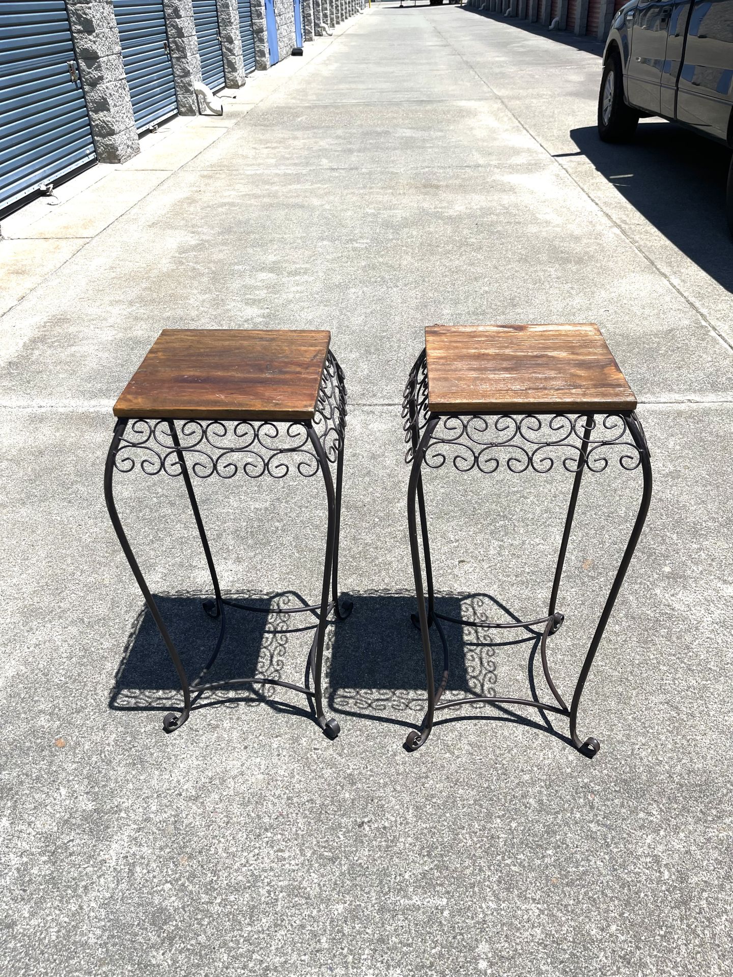 Vintage great condition metal frame wood shelf plant stands