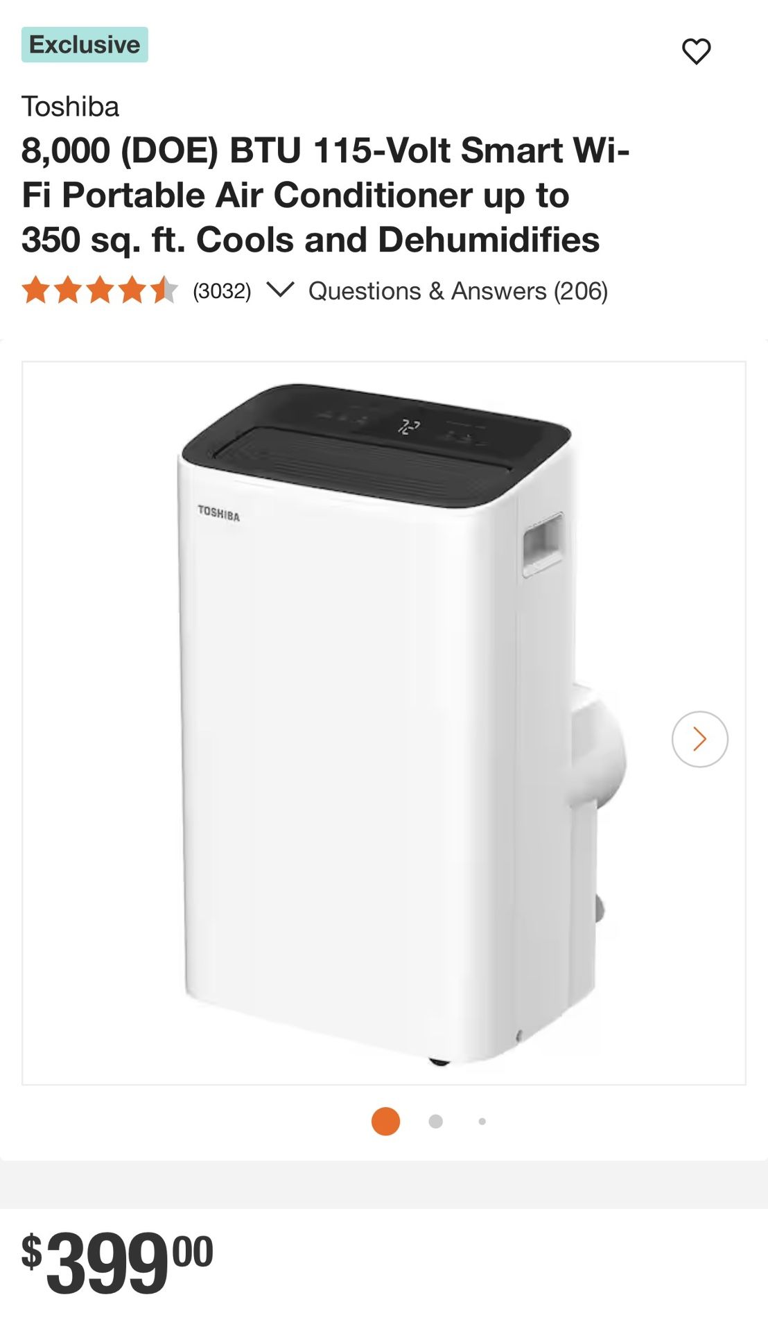 Toshiba 8,000 BTU Smart Portable Air Conditioner (Wi-Fi) 