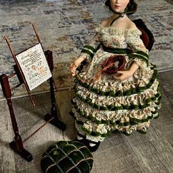 Danbury Mint Norman Rockwell Sampler Porcelain Doll Sewing Green Floral Dress