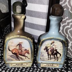 JIM BEAM Frederic Remington KY Bourbon Whiskey Decanter Bottles- COWBOY & INDIAN